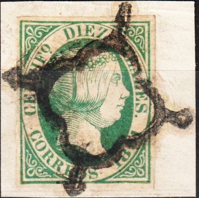 Spania 1851 - sigiliu - Edifil 11 - Isabel II - 10r verde - sobre fragmento. Expectacular