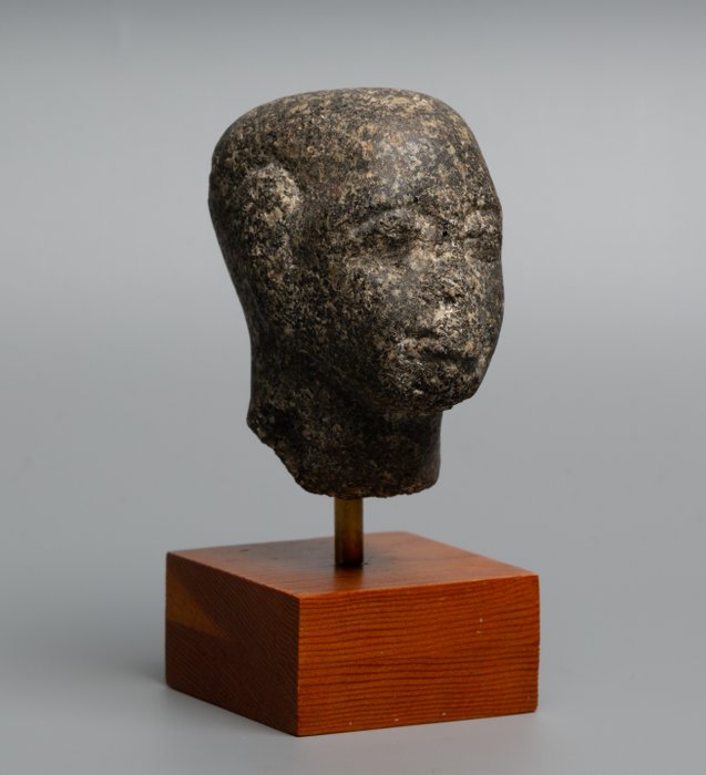 Ancient Egyptian Greenstone Head of a Priest. Late Period, 664-332 BC. 9.5 cm height. Spanish Export License.