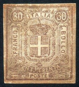 Itália 1862 - Ensaio do Conde Peer Ambiorn Sparre, 30 centavos marrom impresso em papelão. Certificado - Catalogo Rossi S4