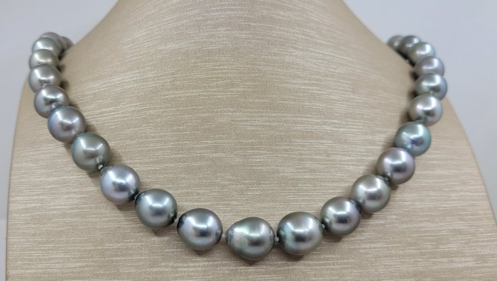 Ingen mindstepris Halskæde - ALGT-certificerede Tahiti-perler - 10x11,8 mm Tahiti-perler i metallisk sølv 