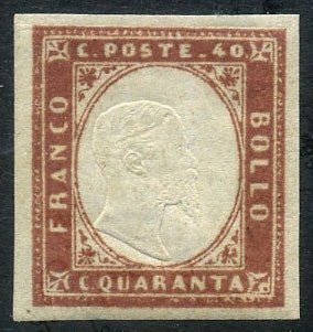 State Italiene Antice - Sardinia 1859 - Vittorio Emanuele II, 40 de cenți roșu cărămidă. Frumoasă copie intactă cu margini largi. - Sassone N. 16B