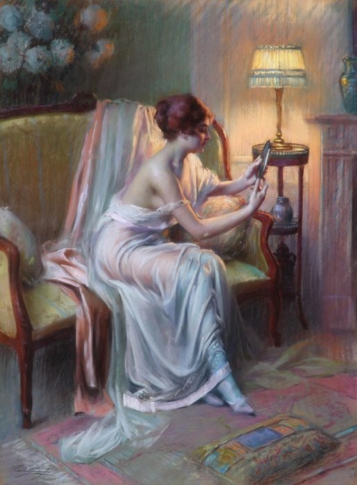 Delphin Enjolras (1857-1945) - Boudoir interior with reflective young woman in negligee
