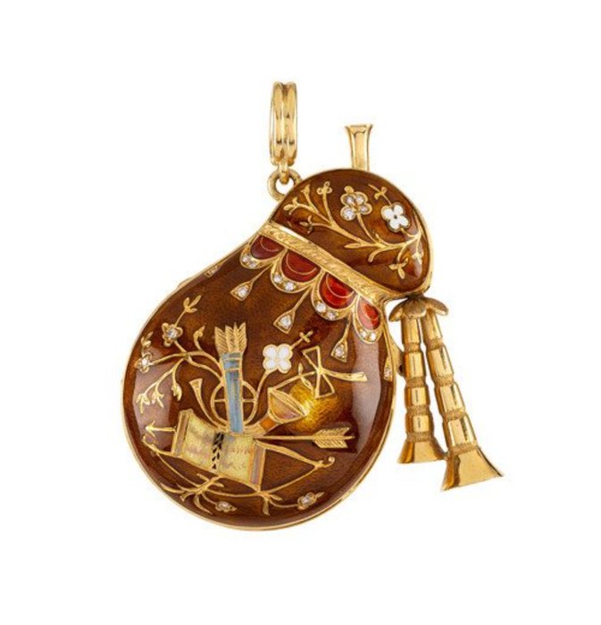 18k gold pendant with mechanical watch, enamel and diamonds , Levrette - 18K包金 黄金 - 怀表 钻石