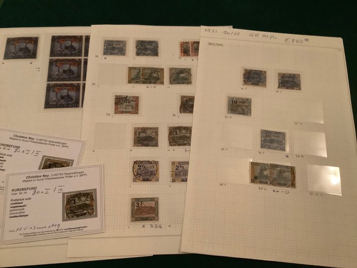 Território da Bacia do Sarre 1921 - Paisagens: coleção especializada com erros de placa incluindo 7 vezes o selo 5Fr - Michel 70/83