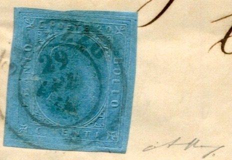 Italienische antike Staaten - Sardinien 1853 - 20 Cent. II. Ausgabe von Sardinien isoliert auf einem Brief von Saluzzo an Alba - sassone 5