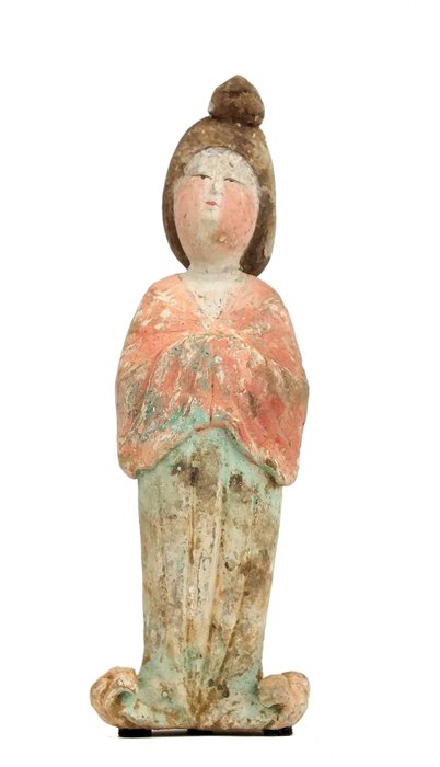 Antico cinese, dinastia Tang Terracotta Figura in terracotta dipinta di una signora grassa, - 21 cm