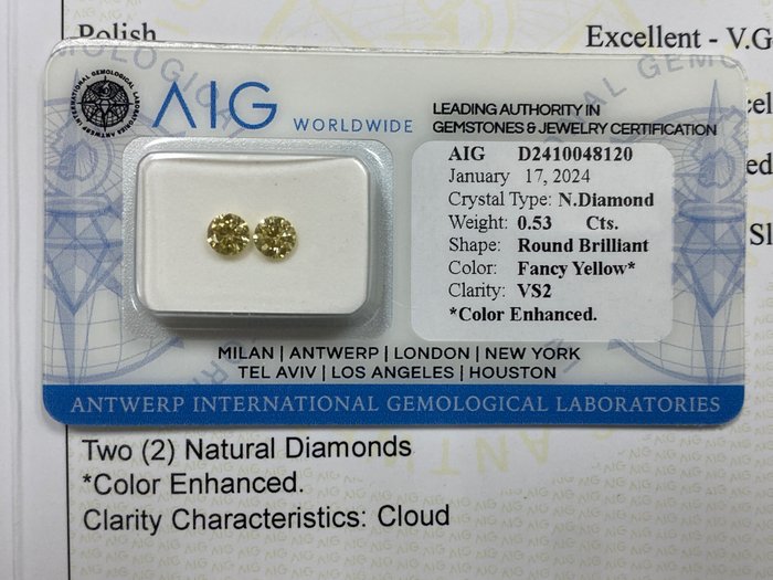 2 pcs Diamanter - 0.53 ct - Rund - Fancy yellow - VS2, No reserve price