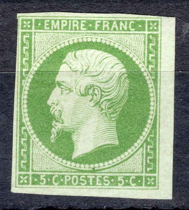 Frankrike 1854 - Nr 12a, 5c "gulgrön" sort, bladkant, Ny*, signerad med kalvarcertifikat. Se detaljer - Yvert
