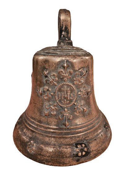 Veistos, Campana in bronzo XVII°  c.a . Simbologia Cristiana e Gigli Fiorentini - 23 cm - Pronssi