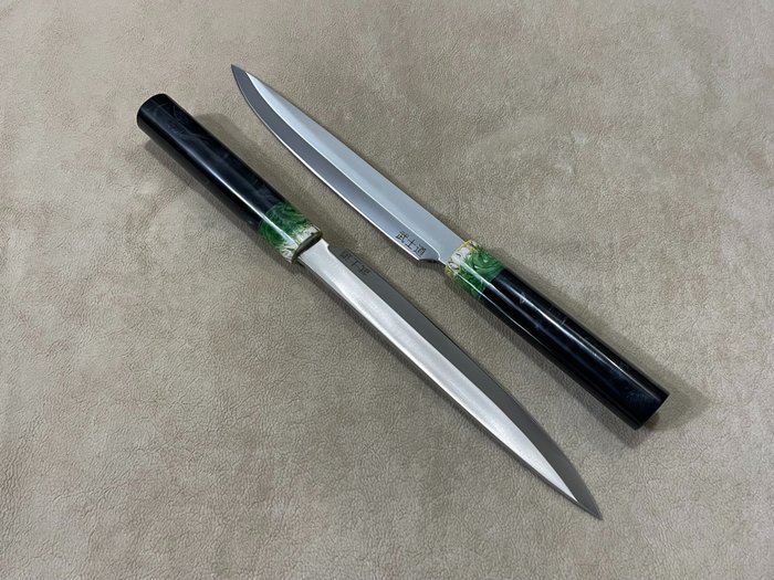 Conjunto de facas de mesa (2) - Conjunto de facas profissionais japonesas Yanagiba Chef - Cabo de resina mista de aço D2, preto e verde