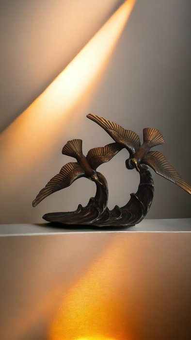 Molins (attr.) - 雕刻, Mouettes sur vague - 60 cm - 青銅色 - 1900