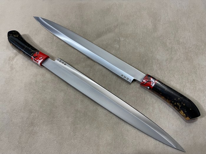 餐刀 (2) - 日本專業Yanagiba（Burja）廚師刀 - D2 鋼，漂亮的樹脂混合手柄