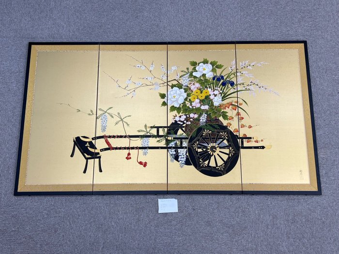 Byōbu plegable (biombo) - Oro, Seda, 花車図屏風 Flower Chariot de 栖春, Siente las 4 estaciones en un biombo - Japón