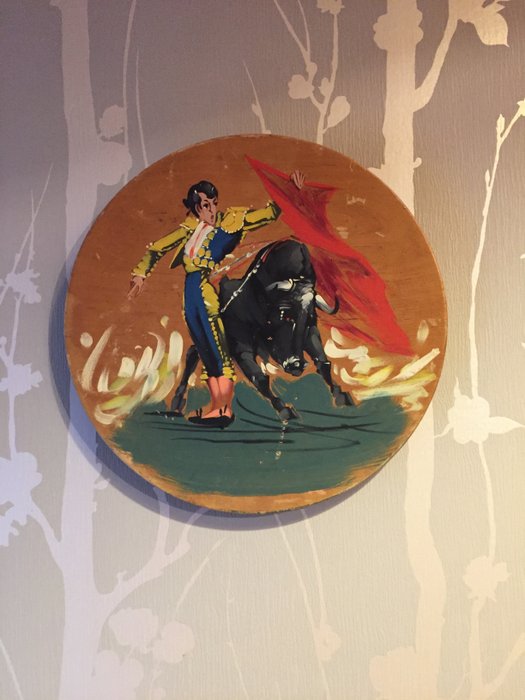 cadre en bois mural scéne de corrida peint a la main forme ronde-ornement vintage - 群架  - 木