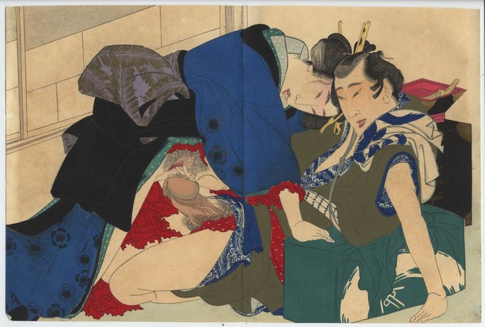 Estampe érotique shunga - ca 1900 (Late Meiji) - Ikeda Terukata (1883-1921) d'après Hokusai - Japonia