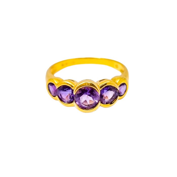 没有保留价 - 1.35 ct amethyst 5-stone bezel ring in yellow gold - 鸡尾酒戒指 黄金 紫水晶 - 紫水晶 