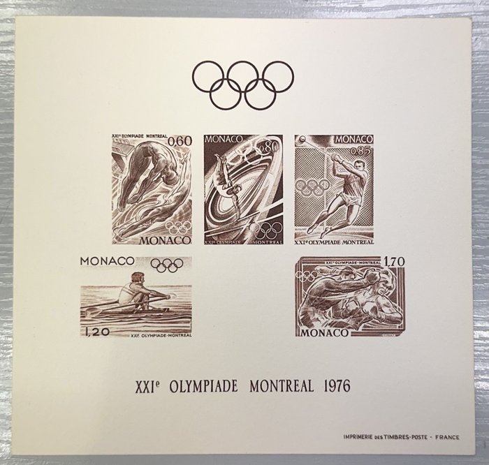 Monaco 1976 - Rara prova di lusso in marrone chiaro dal blocco dei Giochi Olimpici di Montreal del 1976, superba! - Yvert & Tellier, BF n° 11