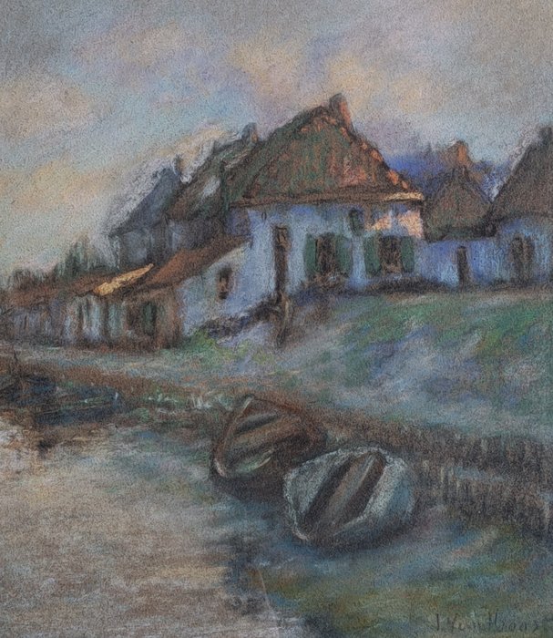 Jef Van Hooste (1884-1940) - Huizen bij de rivier - omgeving van Harderwijk?