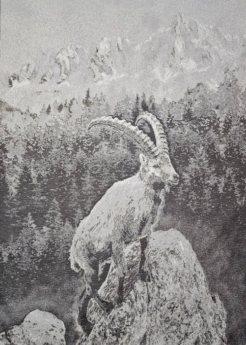 Raro tapiz de jacquard en lana de alpaca con cabra montés - 185x140 cm - Diseño de caza - Textil  - 185 cm - 140 cm
