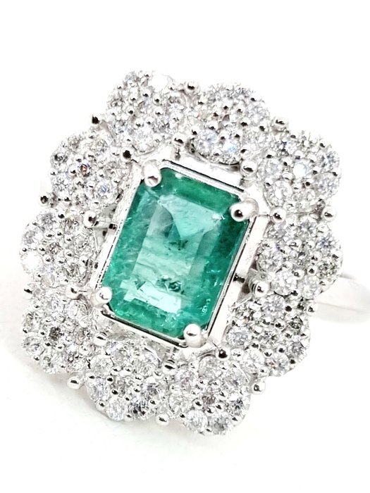 Ring Weißgold Smaragd - Sambia - Diamant 