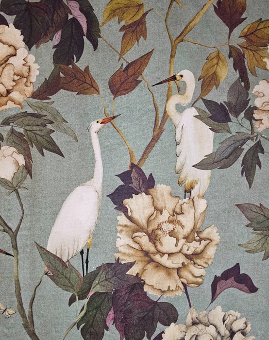 Exclusiva tela Art Nouveau con Garzas - 600x140cm - Verde Agua - Diseño Oriental - Textil  - 600 cm - 140 cm