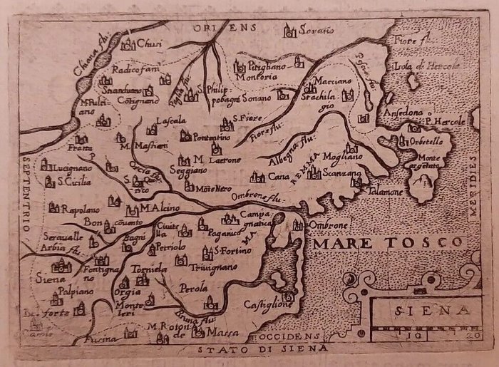 Italia, Mapa - Toscana - Siena - Perugia; Ortelius - Pietro Maria Marchetti - Siena 1598 A. Orrelius, Mappa Stato, verso inizio  Territorio di Perugia - 1581-1600