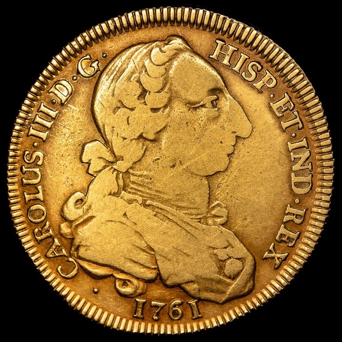 Spain. Carlos III (1759-1788). 4 Escudos 1761 Madrid JP - Tipo "cara rata". Extremadamente rara (menos de 5 ejemplares conocidos)
