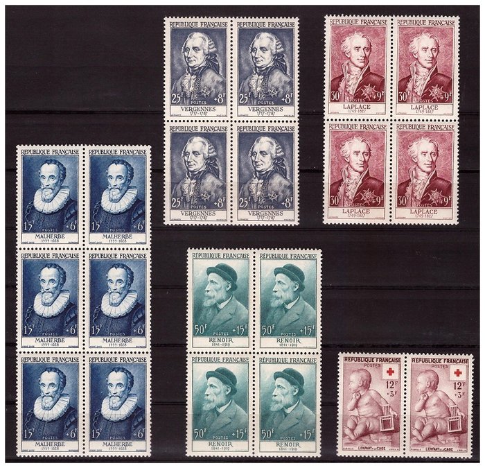 Franța 1955 - Lot „Celebrități și Crucea Roșie” în pereche, blocuri de 4 și 6 exemplare // Cote mari >520 € - Yvert N°1028 , 1030/32 et n°1048 MNH ** sans charnières fraicheur postale intacte