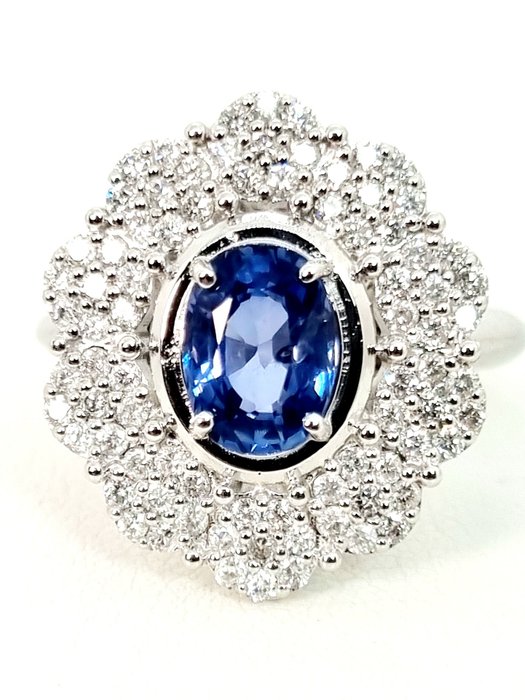 Ring - 18 kt. White gold Sapphire - Sri Lanka - Diamond 