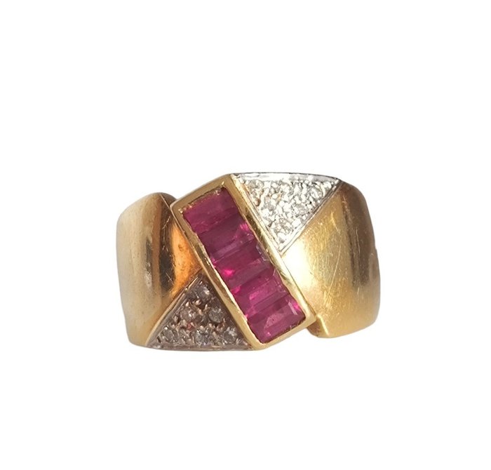 Ring - 18 kt. Yellow gold Diamond  (Natural) - Ruby