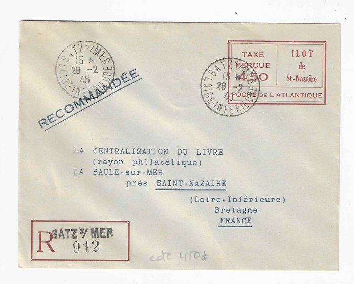 Francja 1944 - Ilôt de Saint-Nazaire - czerwona papeteria pocztowa 4f.50 - ocena = 450 euro