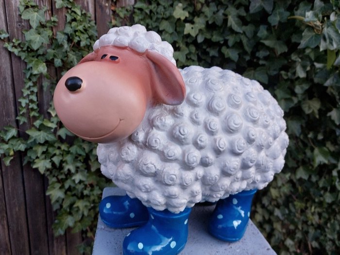 Statue, funny lamb with blue rain boots - 34 cm - Polyresin