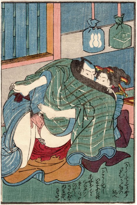 Passionate Rendezvous under a Coat on a Cold Day - 19th century - Shunga 春画 - Utagawa School 歌川派 - Japan -  Edo-Zeit (1600-1868)