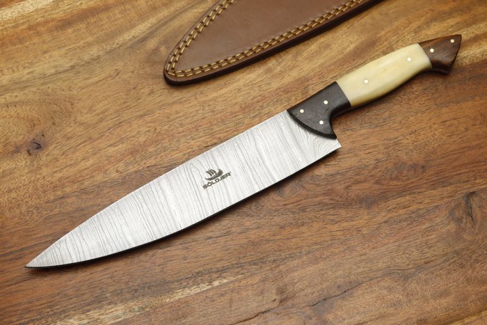 Söldjer - Bordkniv - Stor kokkekniv Håndlavet og knivskarp - Knogle, Træ, foldet 15N20&1095 stål