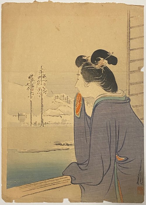 Kuchi-e 口絵 (frontispiece) - A beauty enjoying a snowy day - 1912 - Ogata Gekkō 尾形月耕 (1859-1920) - Japán