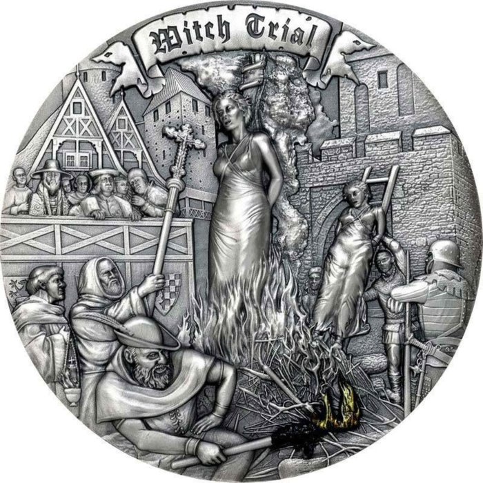 Niue. 5 Dollars 2022 "Witch Trial" - Antiqued, 2 Oz (.999)