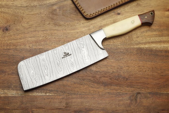 Söldjer - Nóż stołowy - Nóż do siekania, ręcznie robiony i ostry jak brzytwa - Drewno, Kość, składana stal 15N20 i 1095