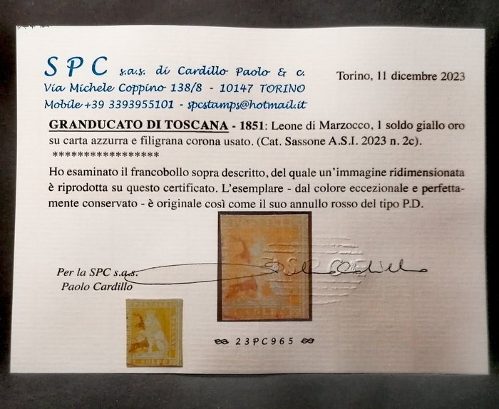 Starożytne państwa włoskie - Toskania 1851 - 1 pens z żółtego złota na niebieskim papierze ze znakiem wodnym w kształcie korony - Sassone 2c