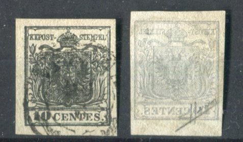 Antichi Stati italiani - Lombardo Veneto 1850 - 10 centesimi carta a mano 2 esemplari di cui 1 con nitido decalco. - Sassone 2, 2f.