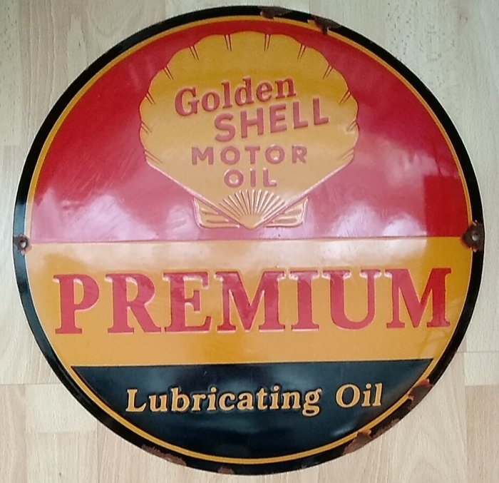 Golden Shell Motor Oil Premium Lubricating Oil Enamel Sign - Emaljeskilt (1) - Emalje