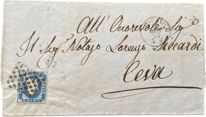 意大利古城邦-撒丁岛 1851 - LETTER 20 美分第一期 R1 - 20 cent azzurro n. 2