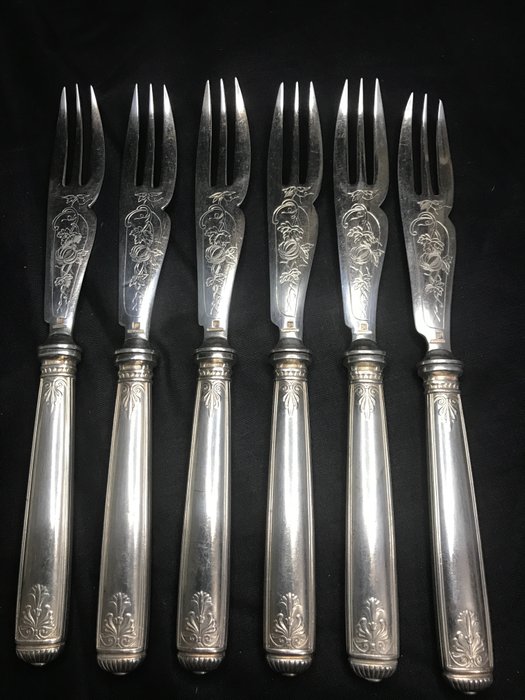Christofle - Fork (6) - Untraceable Late 19th Century Melon Forks, Chiseled / Not Monogrammed - Silverplate