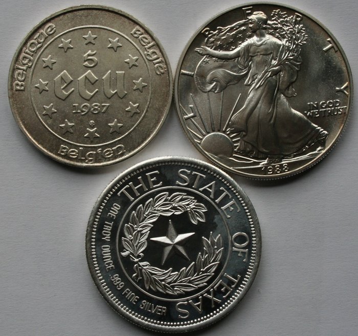 Belgique, Royaume-Uni. 1 Ounce / 1 Dollar / 5 Ecu 1986/1988 (3 coins)
