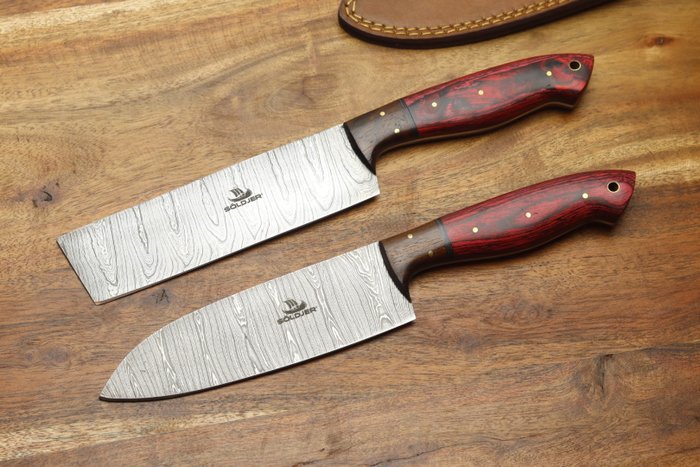 Söldjer - 餐刀 (2) - 三德和切菜刀全柄，手工製作，鋒利 - 木, 折疊15N20&1095鋼