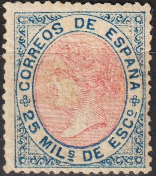 西班牙 1867 - 海豹 - Edifil 95. Isabel II - 25m. azul y rosa. Lujo