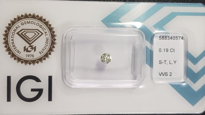 1 pcs 钻石 - 0.19 ct - 明亮型 - 淡黄 - VVS2 极轻微内含二级, No reserve price