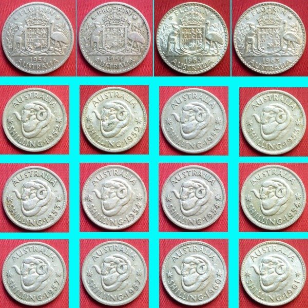 Ausztrália. A lot of 16x Australian Silver Coins, consisting of 12x Shillings and 4x Florins