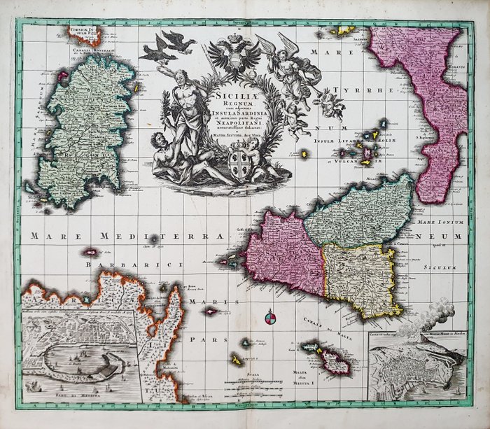歐洲, 地圖 - 義大利/西西里島/撒丁島/馬爾他/義大利南部/卡塔尼亞/墨西拿; Matthaus Seutter - Siciliae Regnum cum Adjacentibus Insula Sardiniae et Maxima Parte Regni Neapolitani - 1721-1750