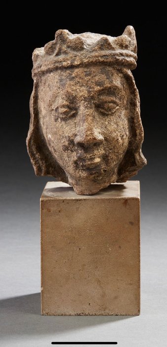 Mittelalterlich Stein Kopf einer gekrönten Figur (Königshaus) - 12 cm