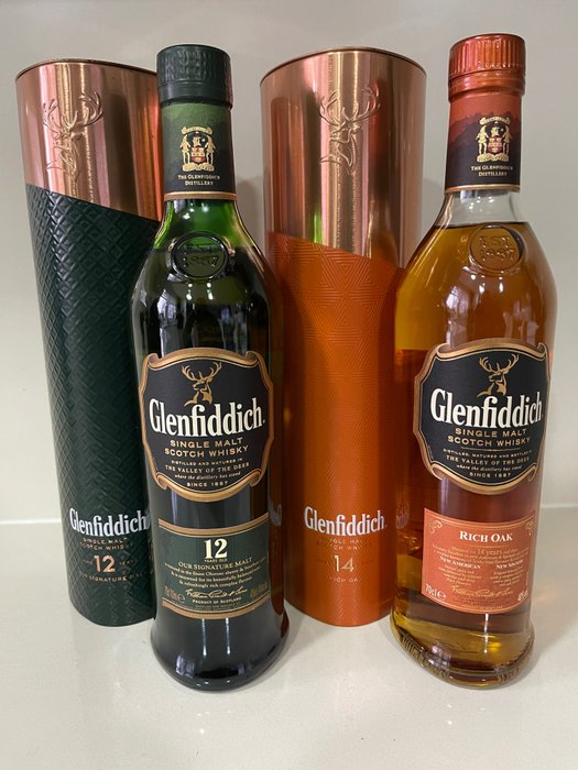 Glenfiddich - 12 years + 14 years Rich Oak - Original bottling  - 70 cl, 700 ml - 2 bottles